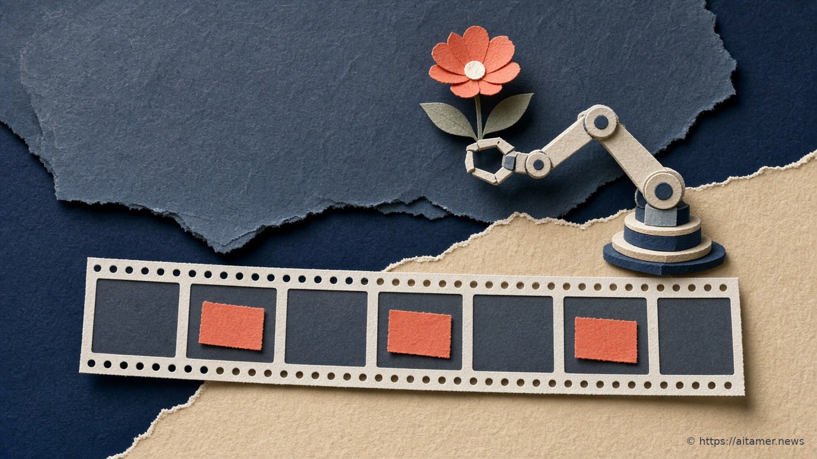 Paper-cut illustration of a robot arm holding a paper flower above a strip of film frames, a few frames marked with small coral tags.