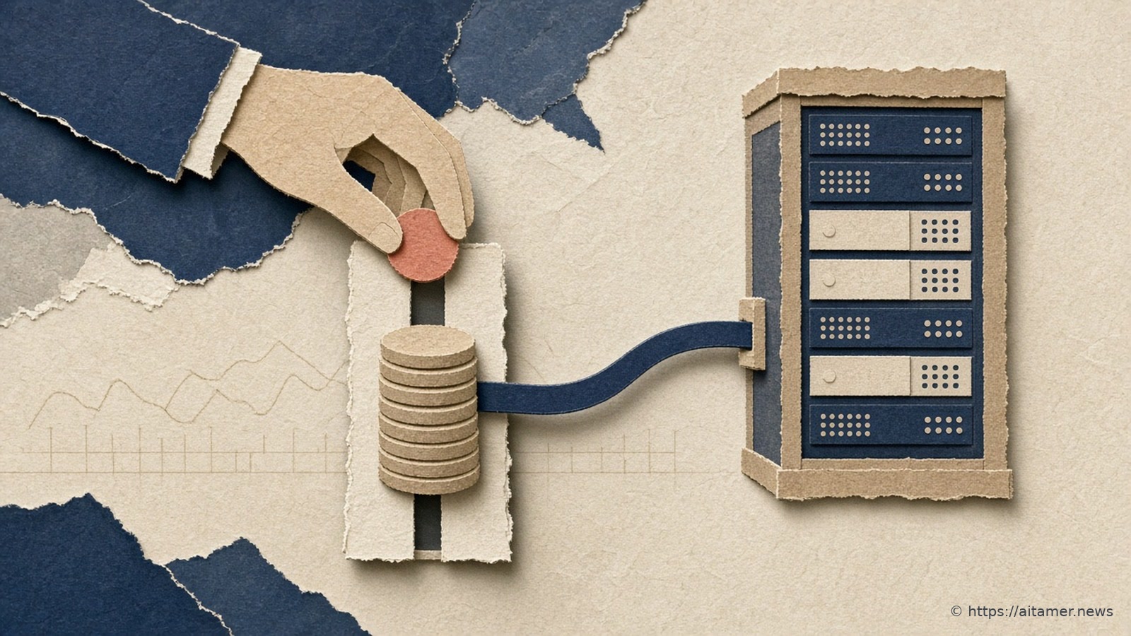 A paper-cut collage of a paper hand stacking coins into a slotted column beside a layered server rack, a ribbon looping from the rack back to the coins.