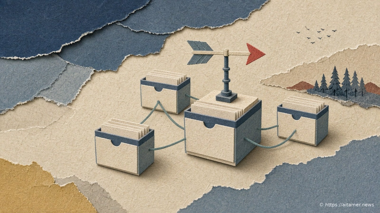 Paper-cut illustration of index-card drawers linked by thin threads into a small web, with a weather vane on top pointing ahead.