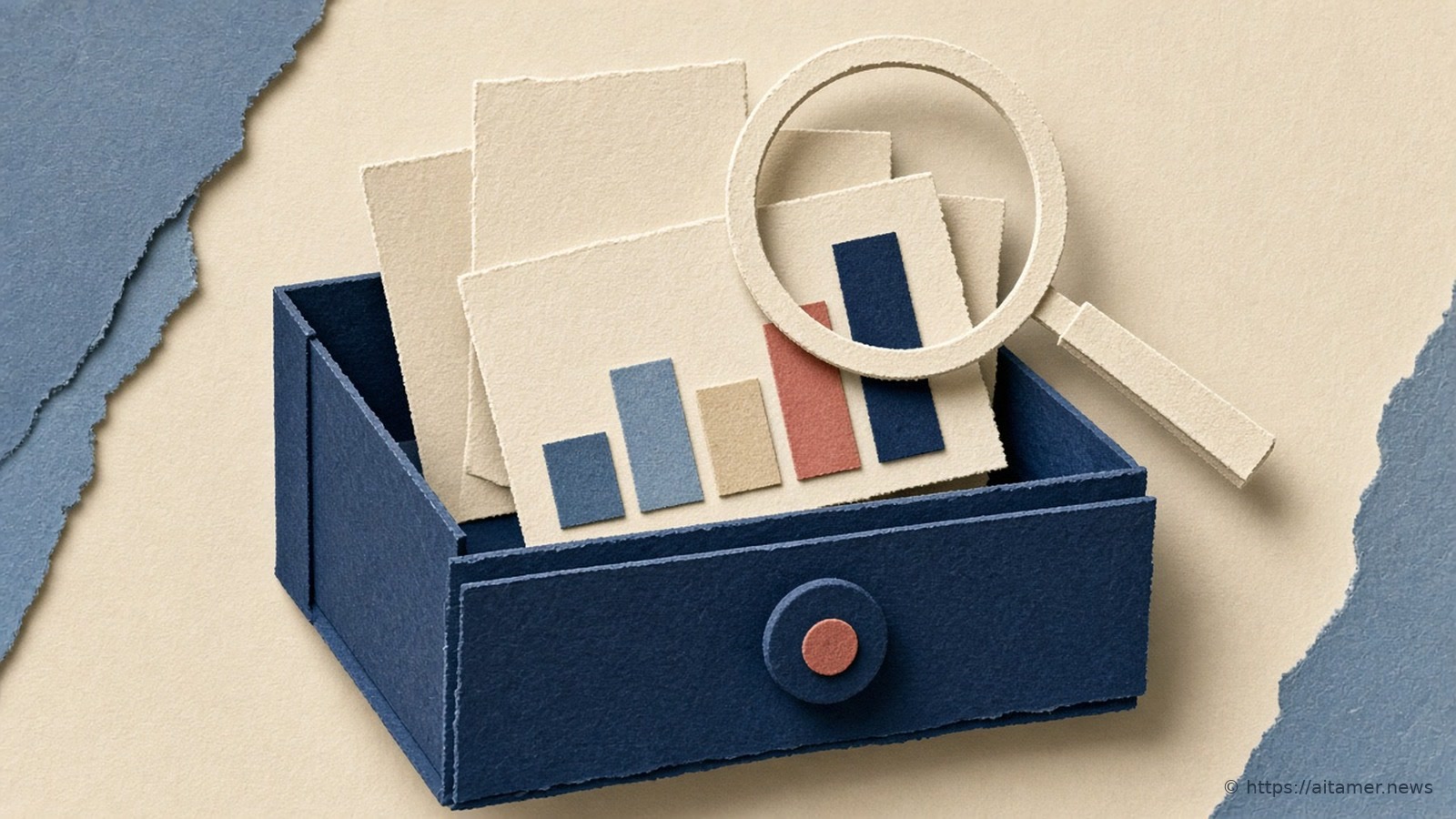 Paper-cut illustration of an open card catalog drawer, a magnifying glass lifting one index card with a small paper bar chart.