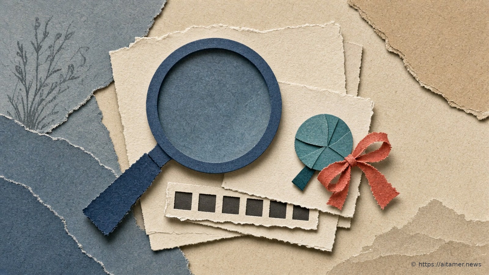 A navy cut-paper magnifying glass over stacked cream sheets with a row of dark squares, beside a muted-teal rosette tied with a coral bow.