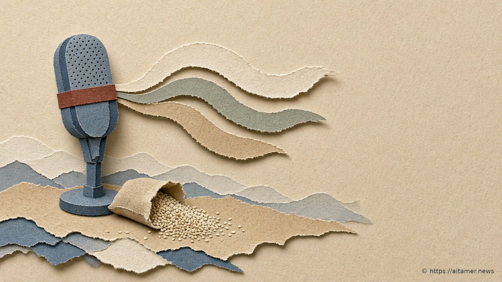 A paper-cut collage of a microphone whose sound waves become stacked colored ribbons, with a small grain sack spilling seeds at its base.