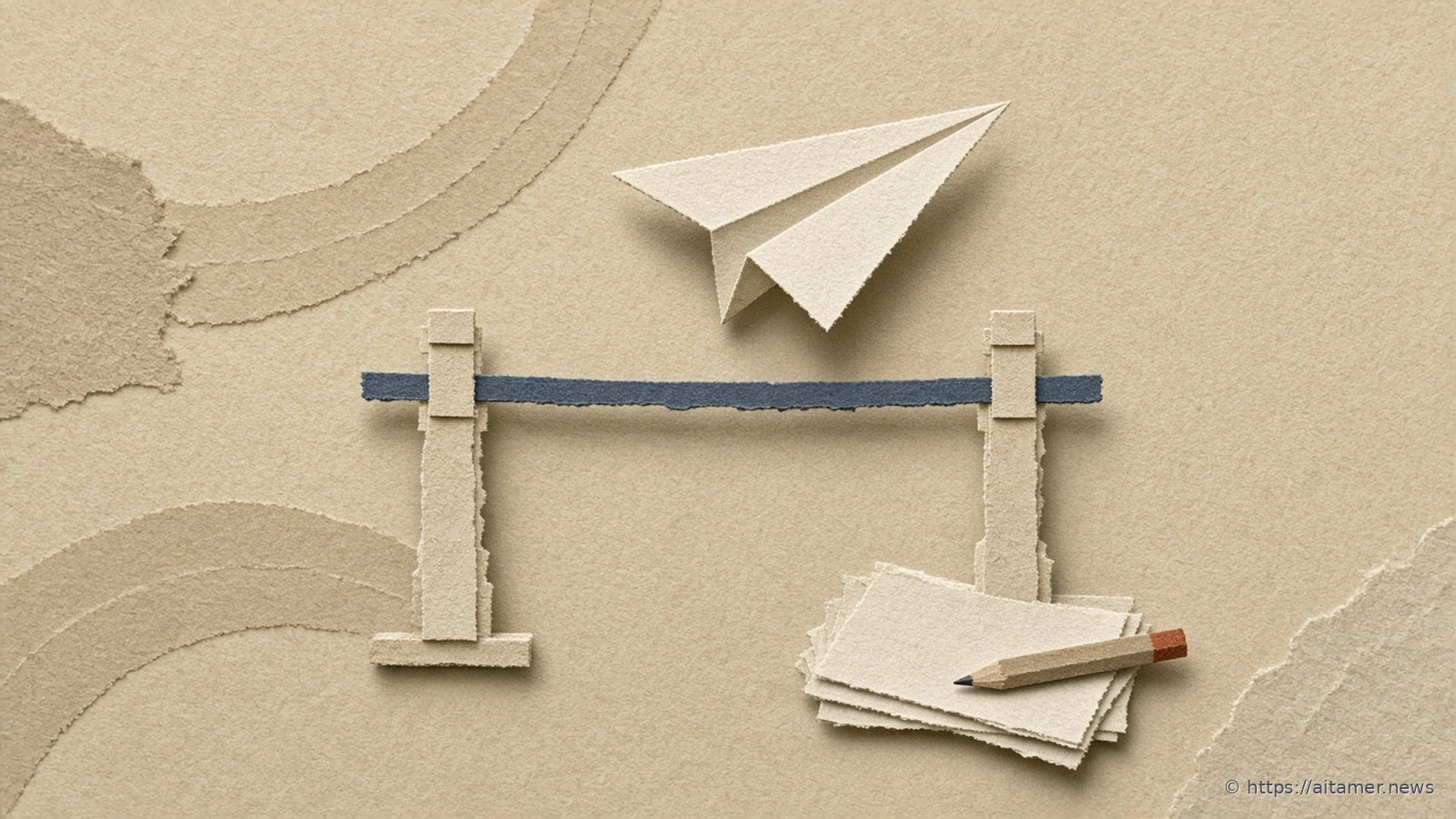 Paper-cut slate-blue bar across cream stands with a cream paper airplane above, blank sheets and pencil below on sand.