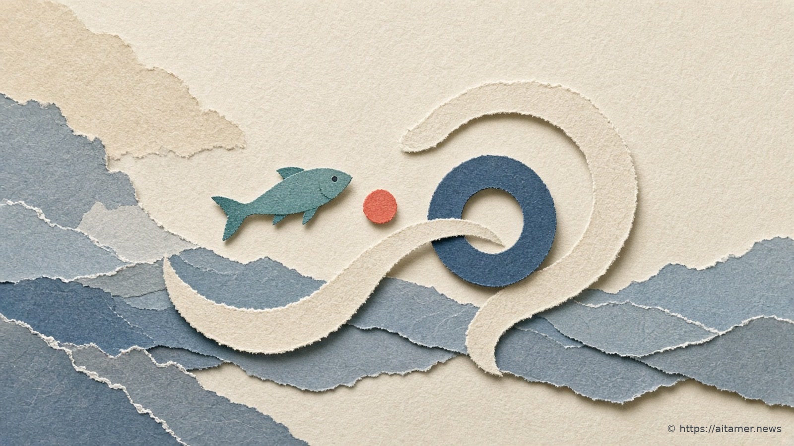A small teal paper fish swims beside a cream paper ribbon that loops through a navy ring, above layered blue paper hills, with a coral dot.