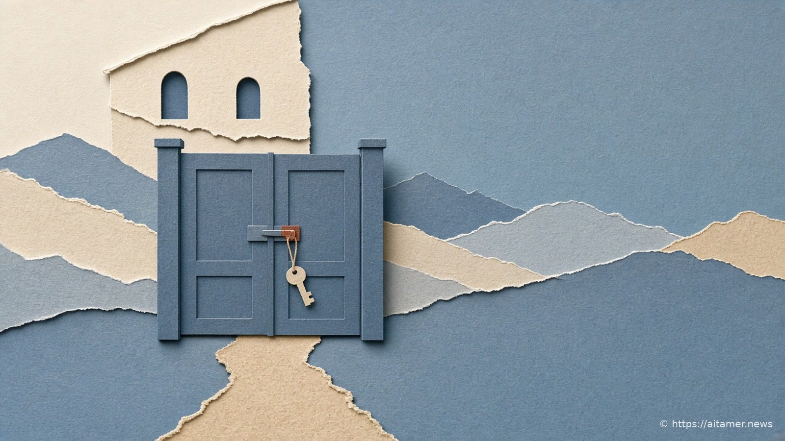 A paper-cut collage of a firmly closed steel-blue gate with a small key tag on its latch, a sand-colored path leading up to it.