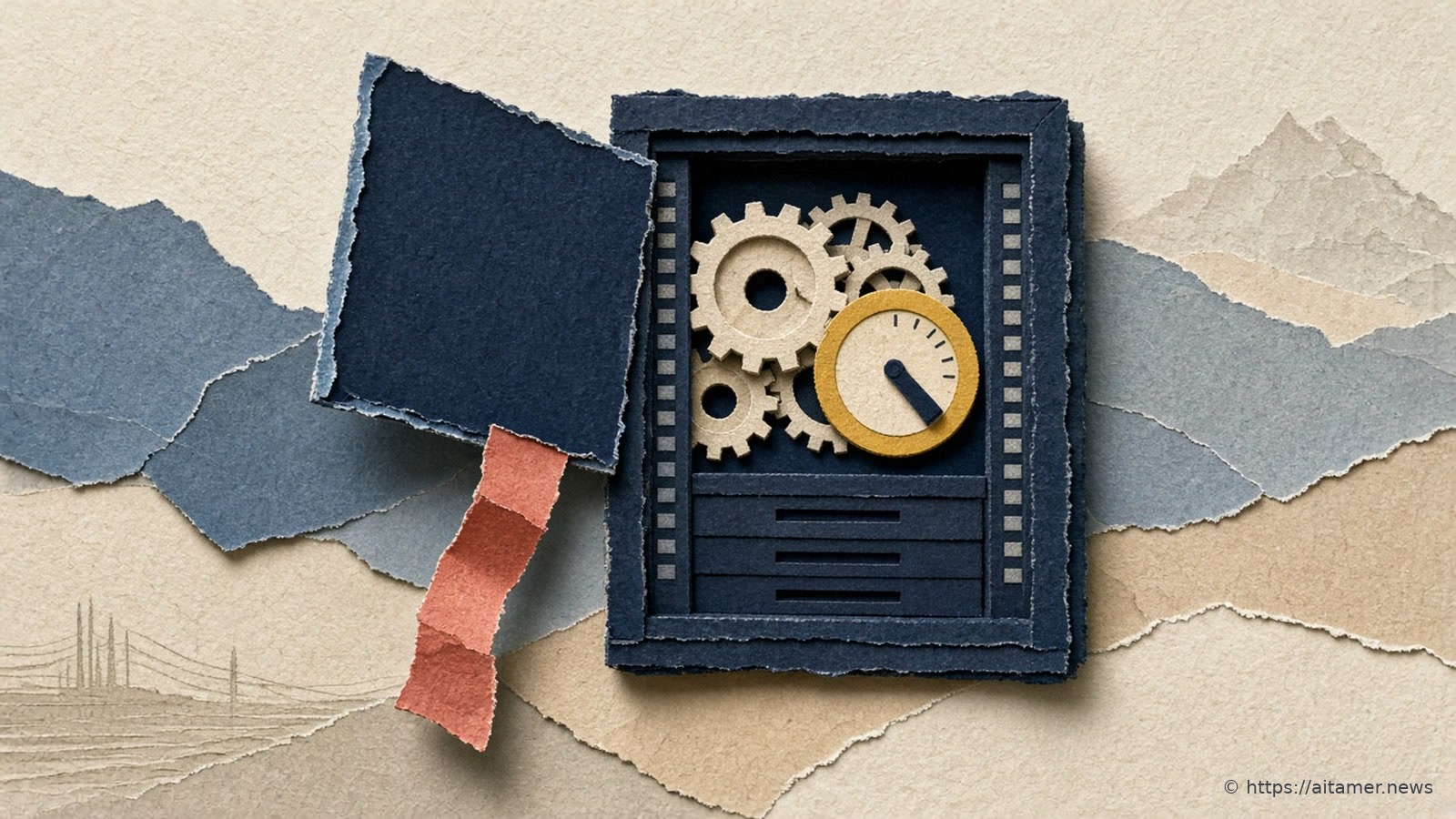 A deep navy paper server rack with its front panel lifted open, showing ivory paper gears and a yellow dial, with a coral ribbon hanging from the panel.