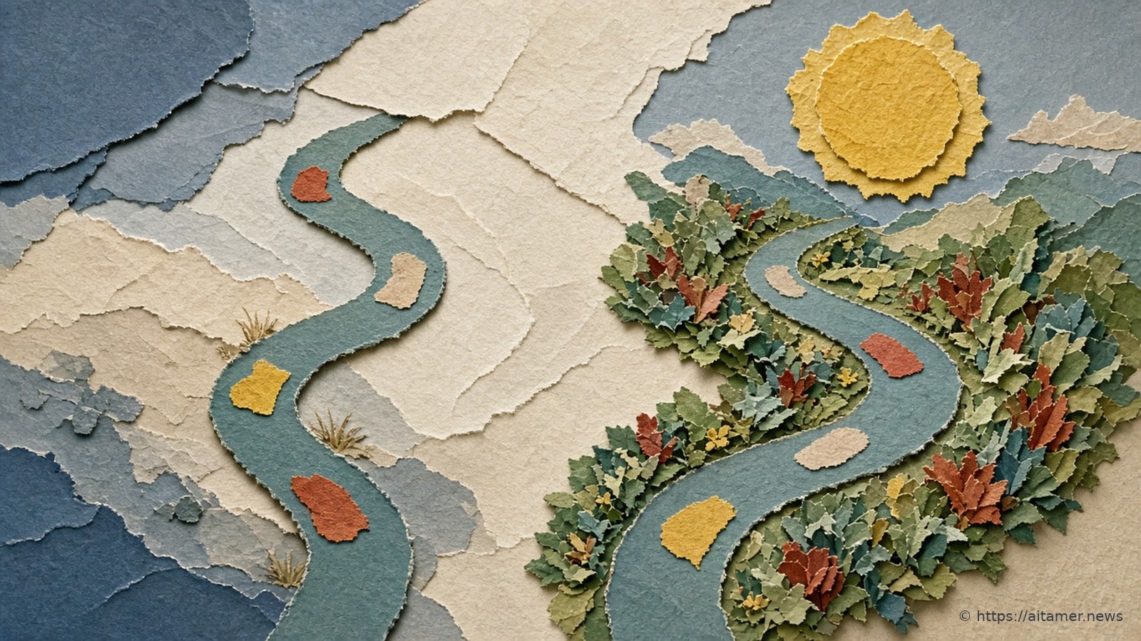 Two winding slate-blue paper tracks side by side: one a bare semantic patchwork, the other blooming into layered green and rust foliage under a sulfur-yellow lamp.