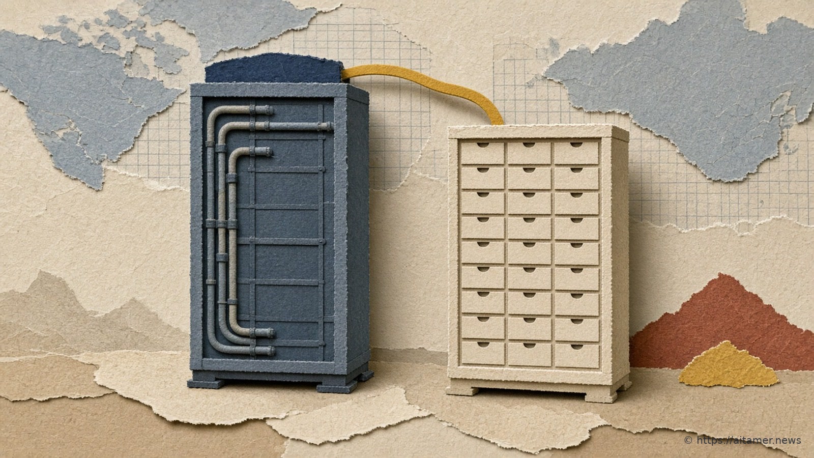 Two paper server racks side by side: a slate-blue rack with liquid-cooling pipes and a cream rack of many small drawers, joined by a sulfur-yellow cable, on layered sand paper.