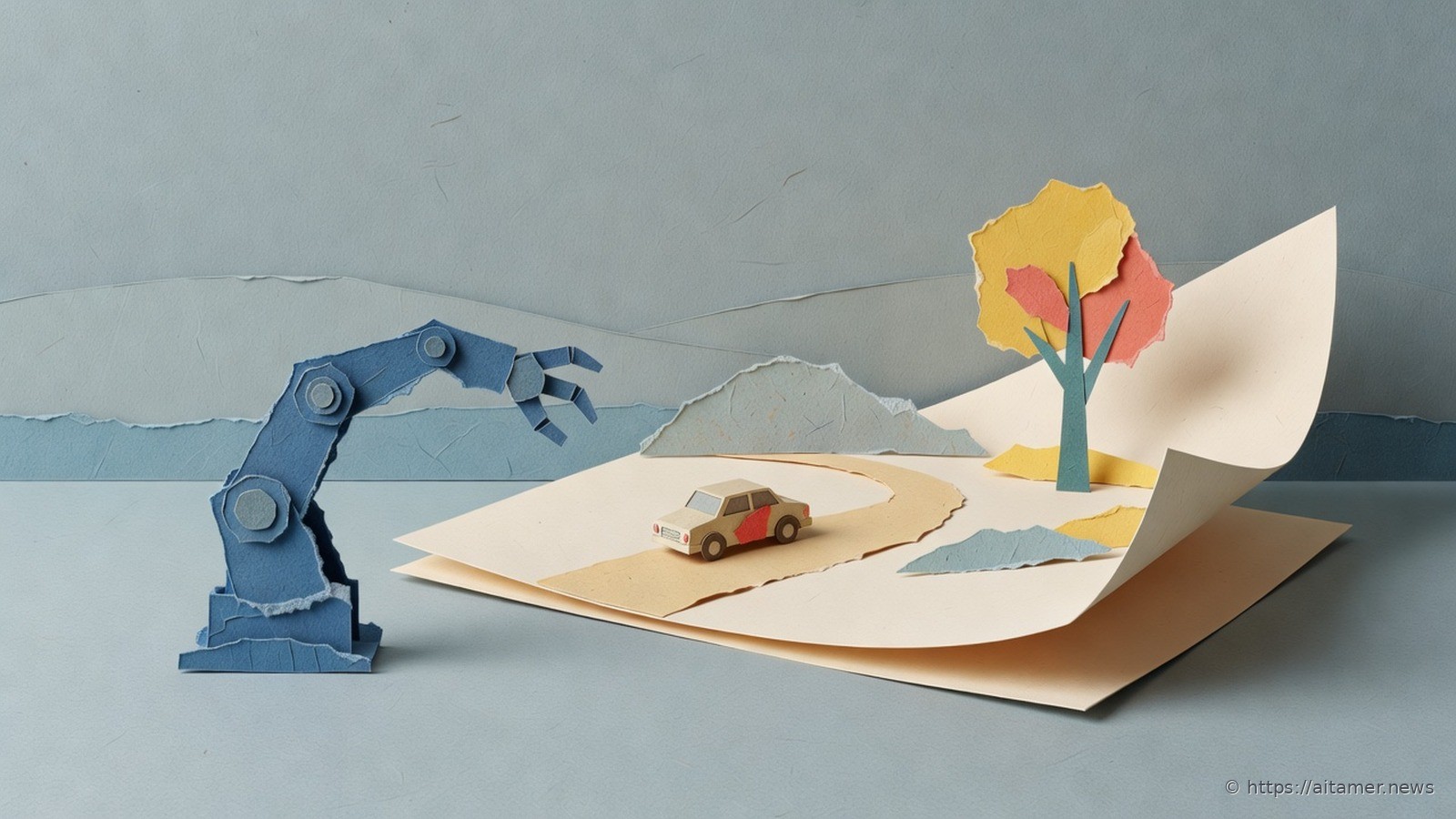 Paper-cut illustration of a steel-blue robot arm reaching toward a small paper diorama of a road, a car and a tree on a curling sheet of paper.