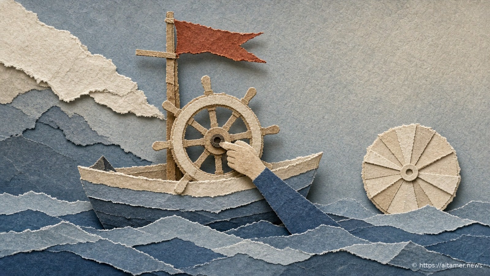 Paper-cut illustration of a hand adjusting a ship's helm on a small sailboat moving over paper waves, with a compass card floating nearby.