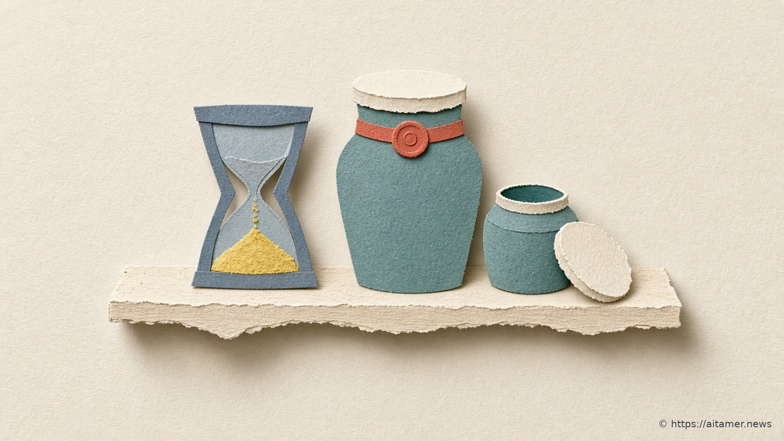 Paper-cut illustration of a slate-blue hourglass with mustard sand beside a large sealed teal jar and a small open jar on a cream shelf.