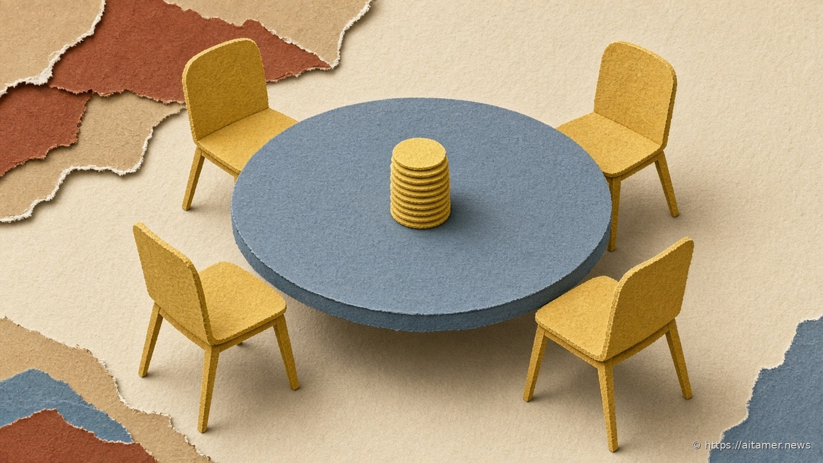 Paper-cut round slate-blue table with four empty yellow chairs around it and a single stack of yellow coins in the middle.