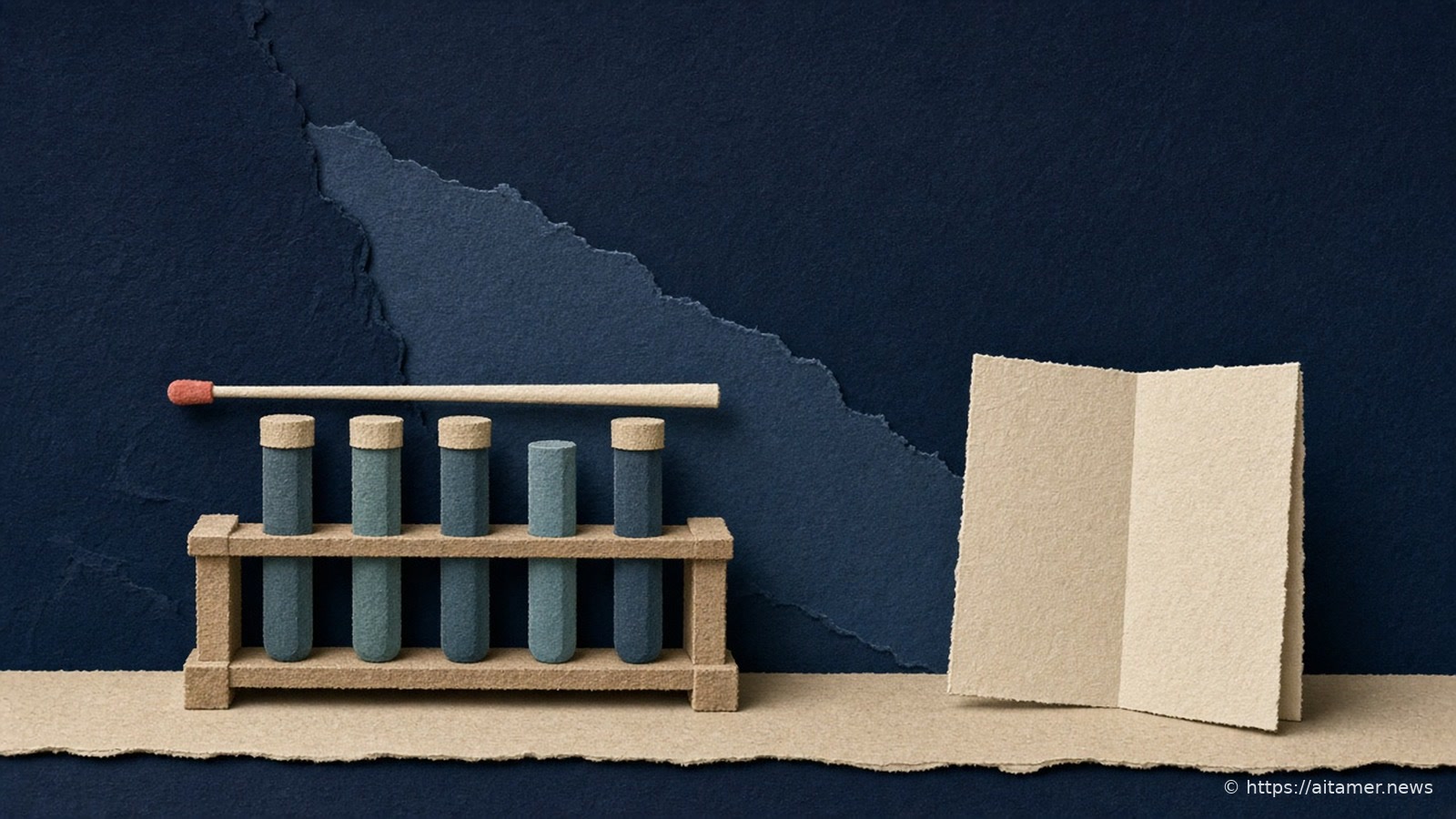 Paper-cut illustration of a wooden rack of five teal test tubes under a coral-tipped match, beside a blank folded cream card on deep navy paper.