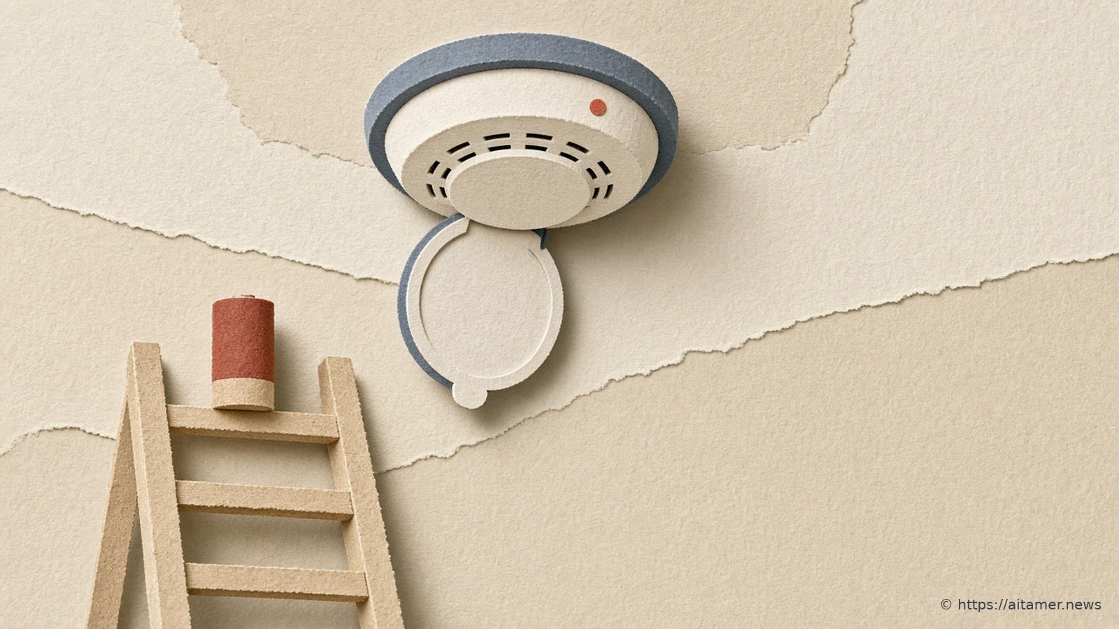 Paper-cut illustration of a ceiling smoke detector with its battery hatch hanging open, a rust-red battery set aside on the top step of a wooden ladder below it.