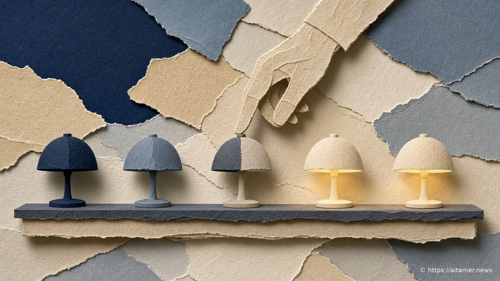 Paper-cut illustration of five desk lamps on a shelf, two switched off, a hand turning off the third, two still glowing.
