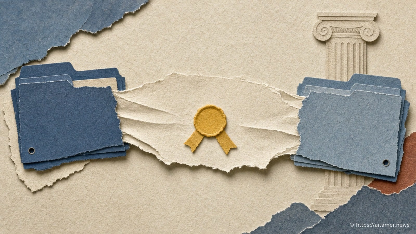 Two blue paper filing folders pulling at either end of a long blank cream sheet, with a yellow paper seal at its center and a paper column behind.