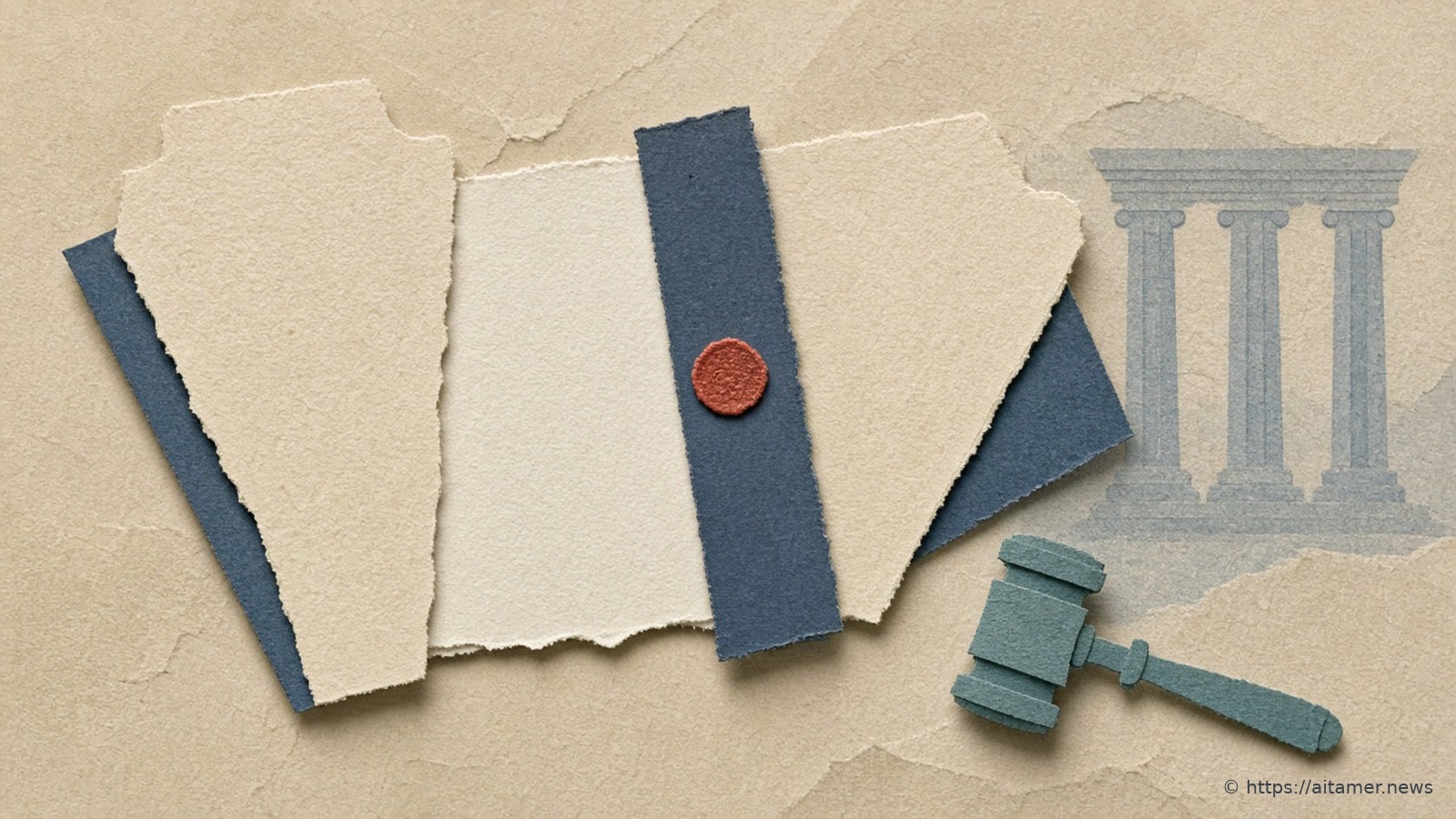 Torn cream paper sheets held flat by a navy paper band with a small coral seal, beside a teal paper gavel and a faint grey columned courthouse.