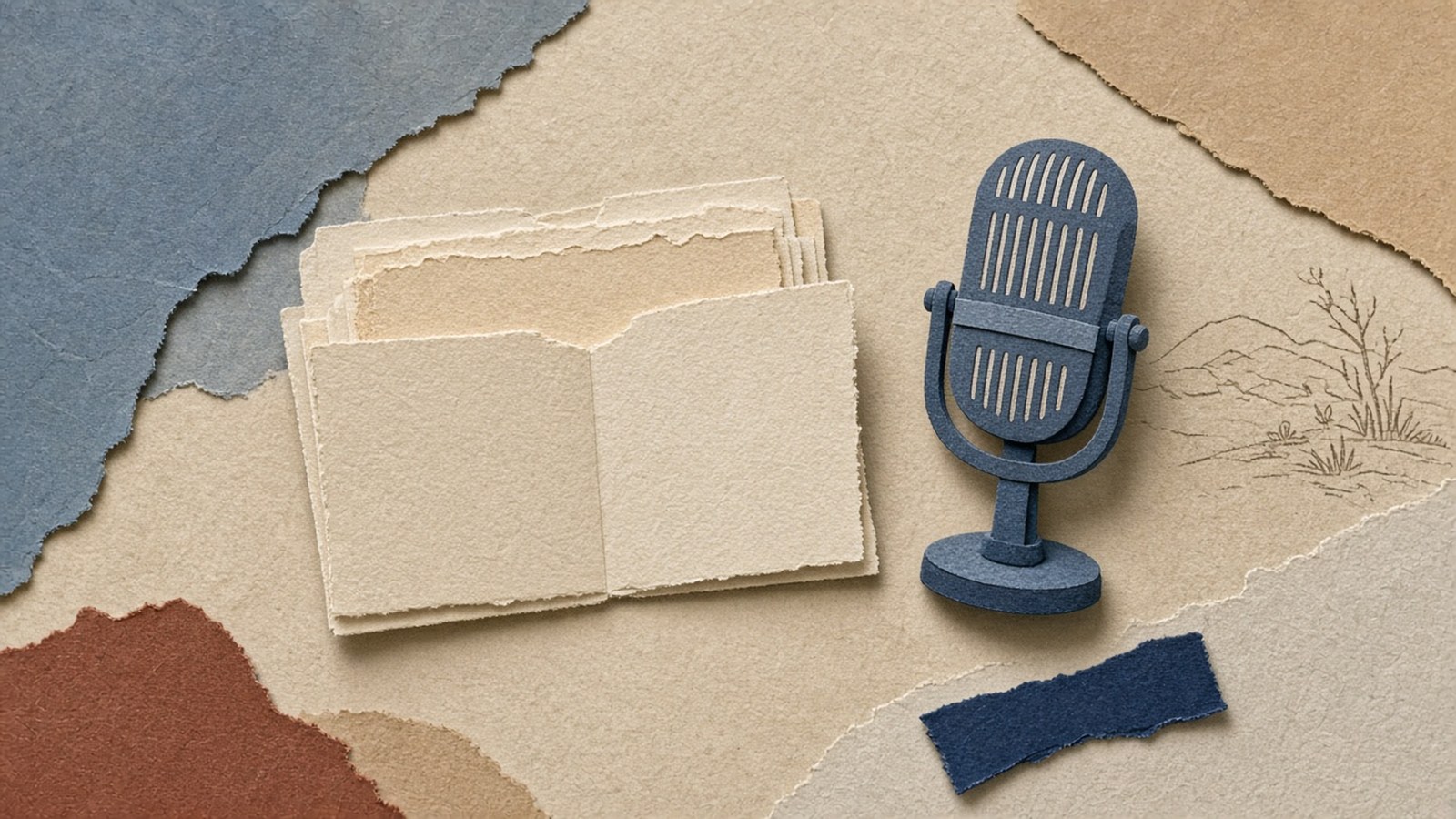 Paper-cut collage of an open cream folder facing a slate-blue vintage microphone, with a short torn navy strip in the foreground on sand-colored paper.
