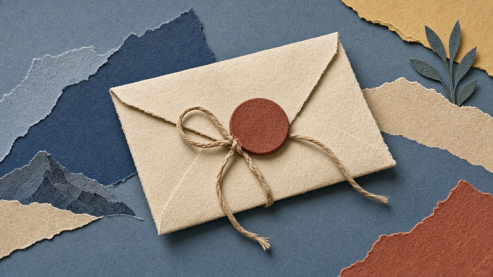 Sand-colored letter tied with string and a blank rusty-red wax seal rests on dusty blue ground among torn paper peaks.