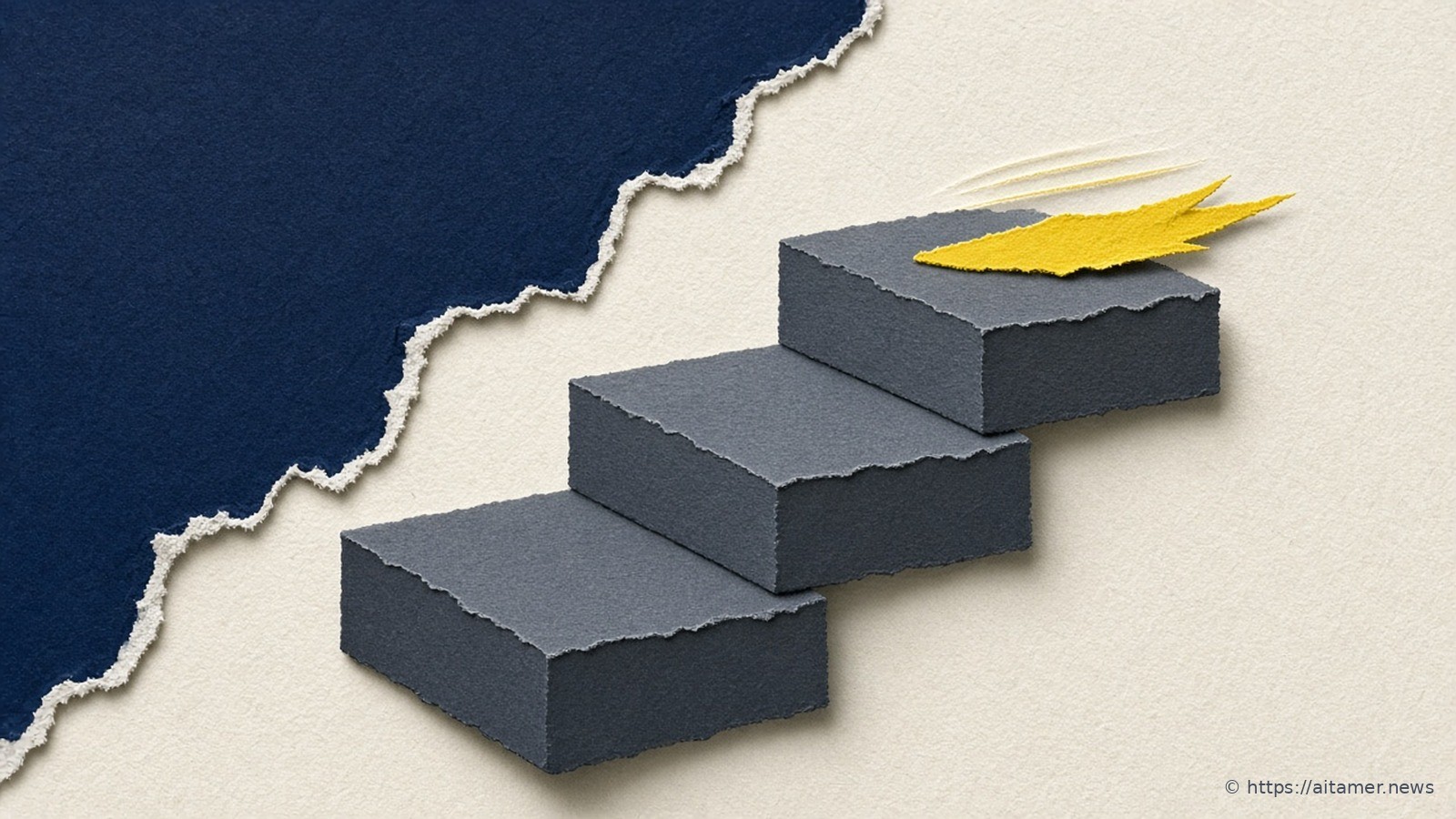 Three ascending charcoal paper steps on cream, the top step holding a sulfur-yellow spark with faint speed streaks, under a torn slate-blue layer.