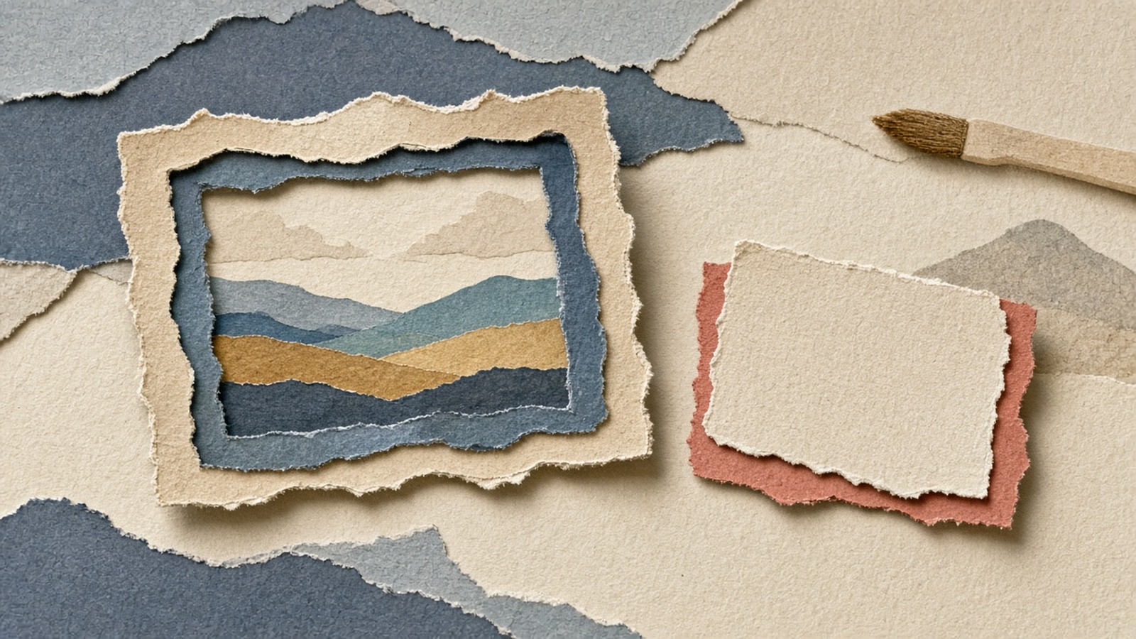 Cut-paper framed landscape beside a separate cream-and-coral paper card and a quiet brush, suggesting a labeled ad next to an image being made.