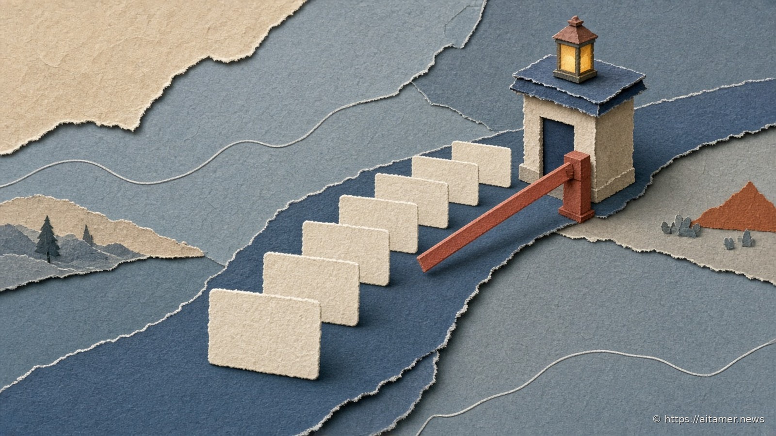 Paper-cut row of cream cards lined up on a navy road toward a small gatehouse with a lit lantern and a raised coral barrier.