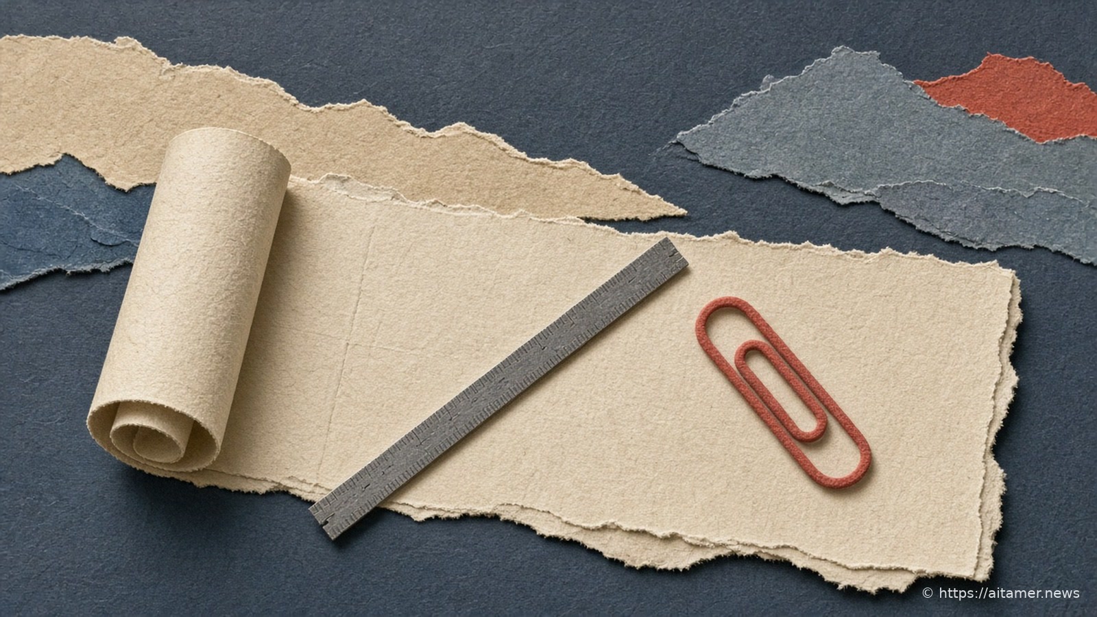 A cream paper scroll unrolled on a slate-blue desk with a steel measuring rule and a coral paperclip marking a farther point on the scroll.