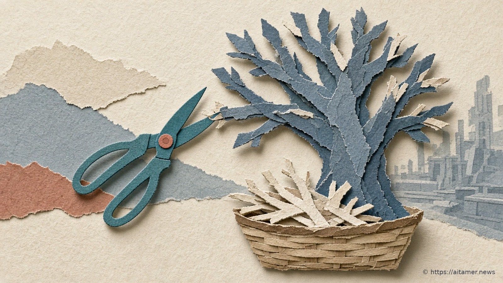 Teal paper shears trim a slate-blue paper tree, with cut cream branches piled in a woven basket below and faint grey buildings behind.