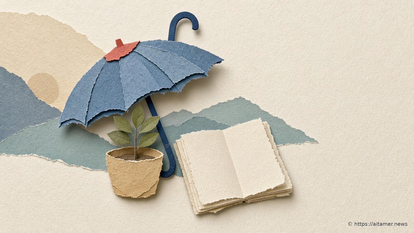 A slate-blue paper umbrella shelters a young sapling in a pot, with an open blank ledger beside it.