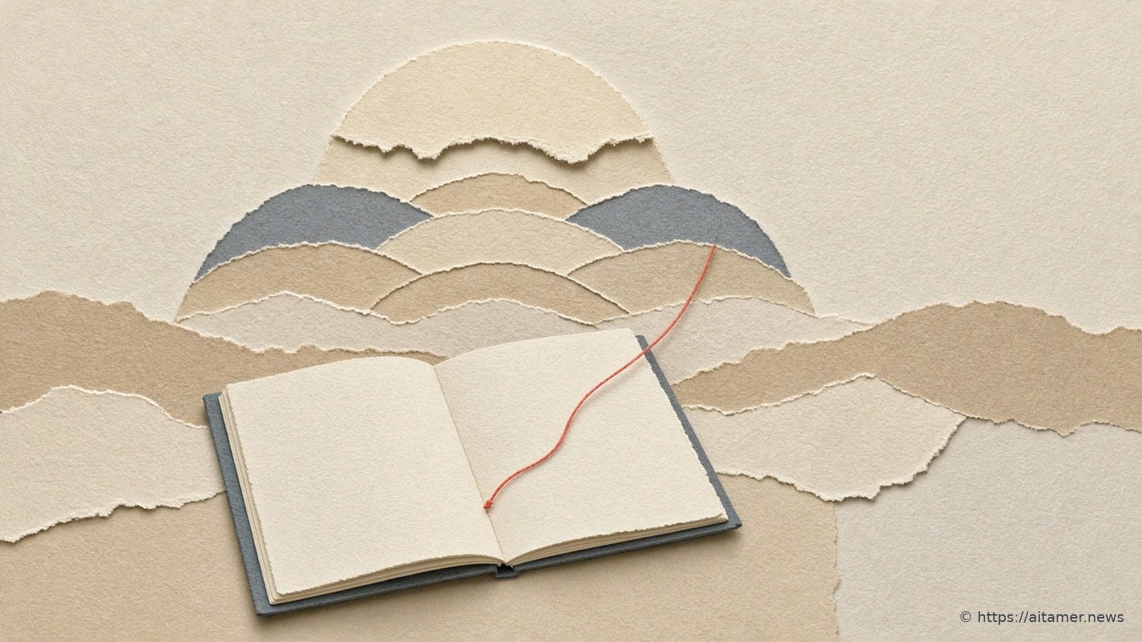 A layered cream paper sunrise over a paper horizon, with an open notebook and a coral thread running from its page toward the sun.