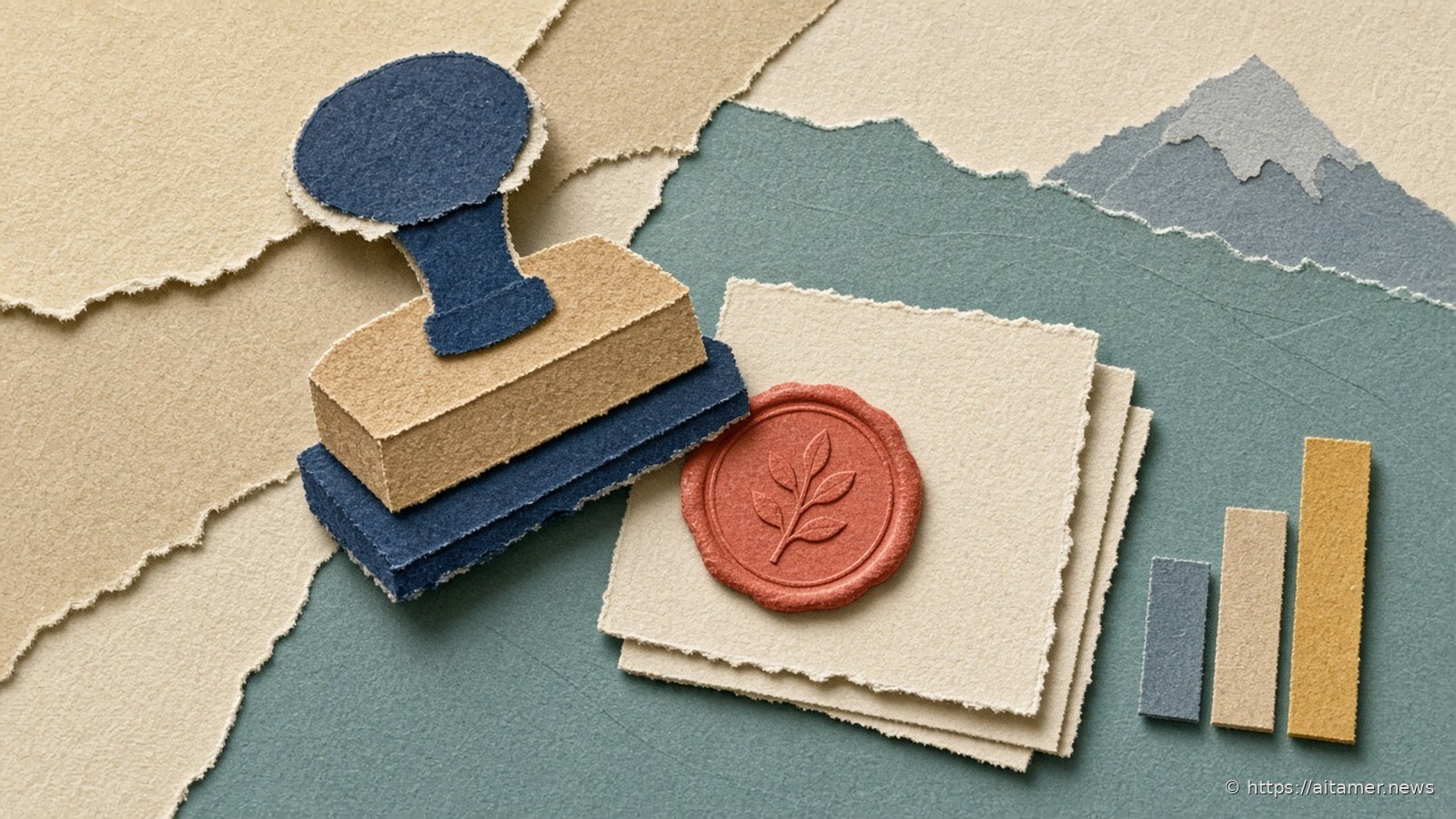 A cut-paper desk stamp beside three cream cards under a coral wax seal, with a three-bar paper chart on layered ivory and teal.