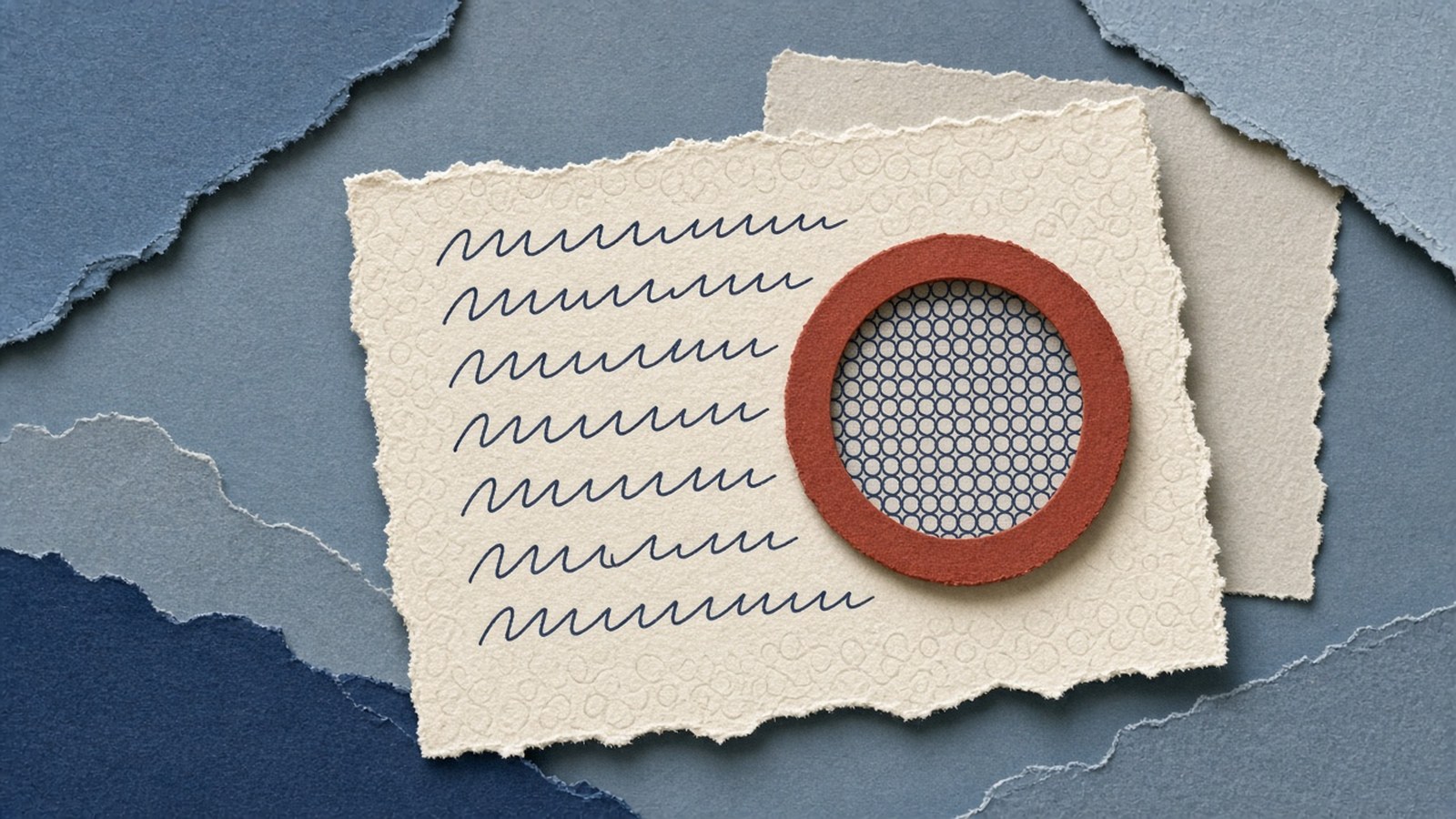 Abstract ink lines under a coral-rimmed mesh magnifier.