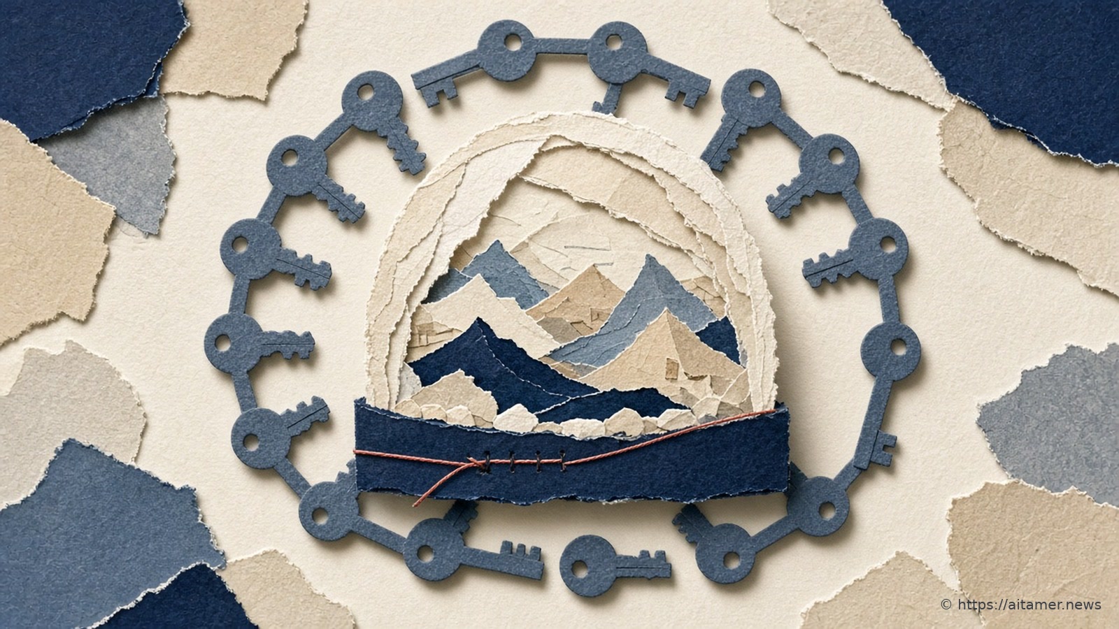 Paper collage of a sealed dome over a tiny folded-paper mountain landscape, ringed by slate-blue keys, with a coral thread stitched across its base.