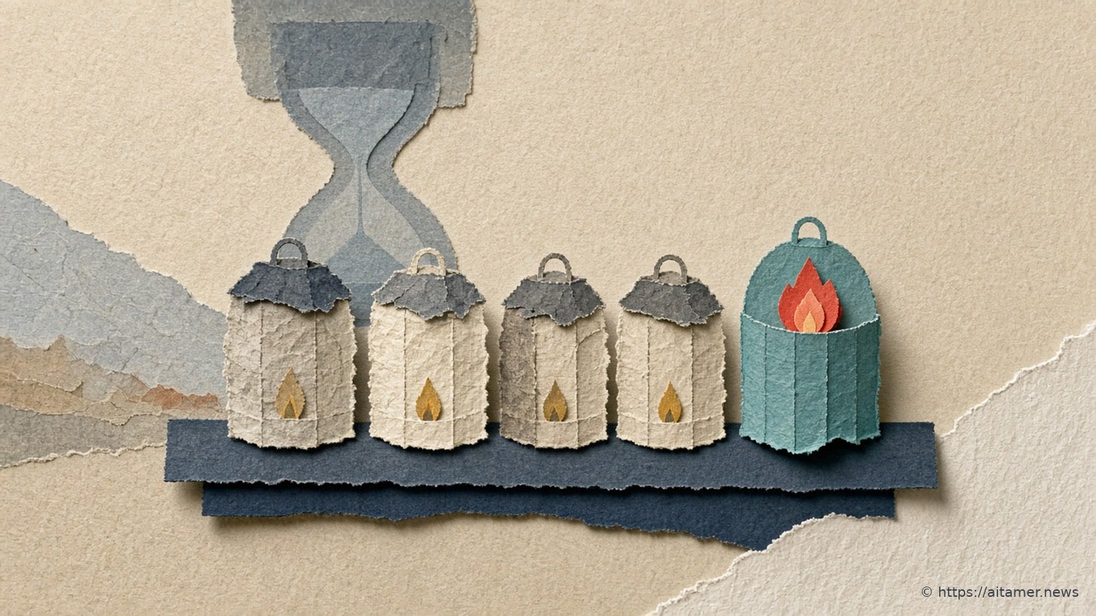 Four cream paper lanterns with small dim flames stand on a slate-blue paper shelf beside a teal lantern holding a bright coral flame, under a faint blue-grey paper hourglass.