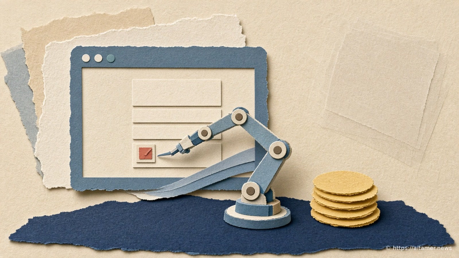 A paper-cut collage of a slender paper mechanical arm reaching into a blank computer window to tick a checkbox on a plain form, with a small stack of yellow paper discs beside the desk.
