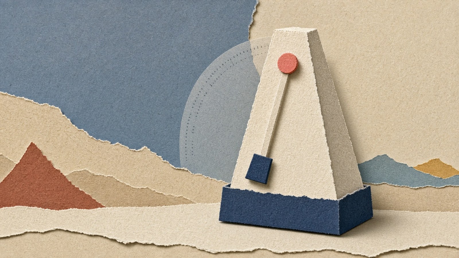Paper-cut cream metronome with a navy base on a sand desk, its cream arm tilted inside a faint translucent arc, a coral disc at the top of the arm and a navy weight below, torn slate-blue and terracotta paper layers behind.