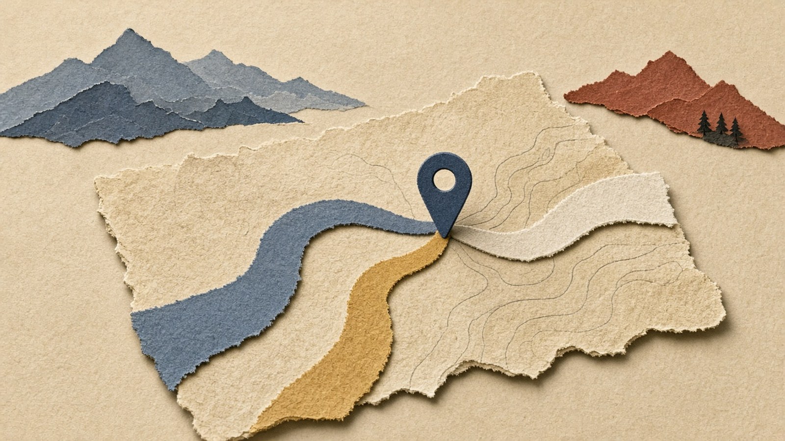 Tan paper map shows three paths of different widths meeting at a steel-blue pin, with layered blue and rust paper hills.