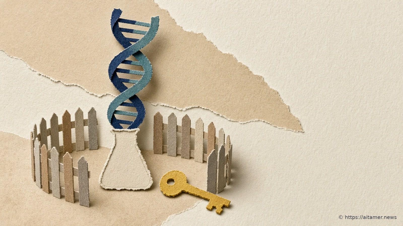 A navy and teal paper double helix rising from an ivory flask inside an open ring of paper fence slats, with a yellow paper key in front, on sand and cream layers.