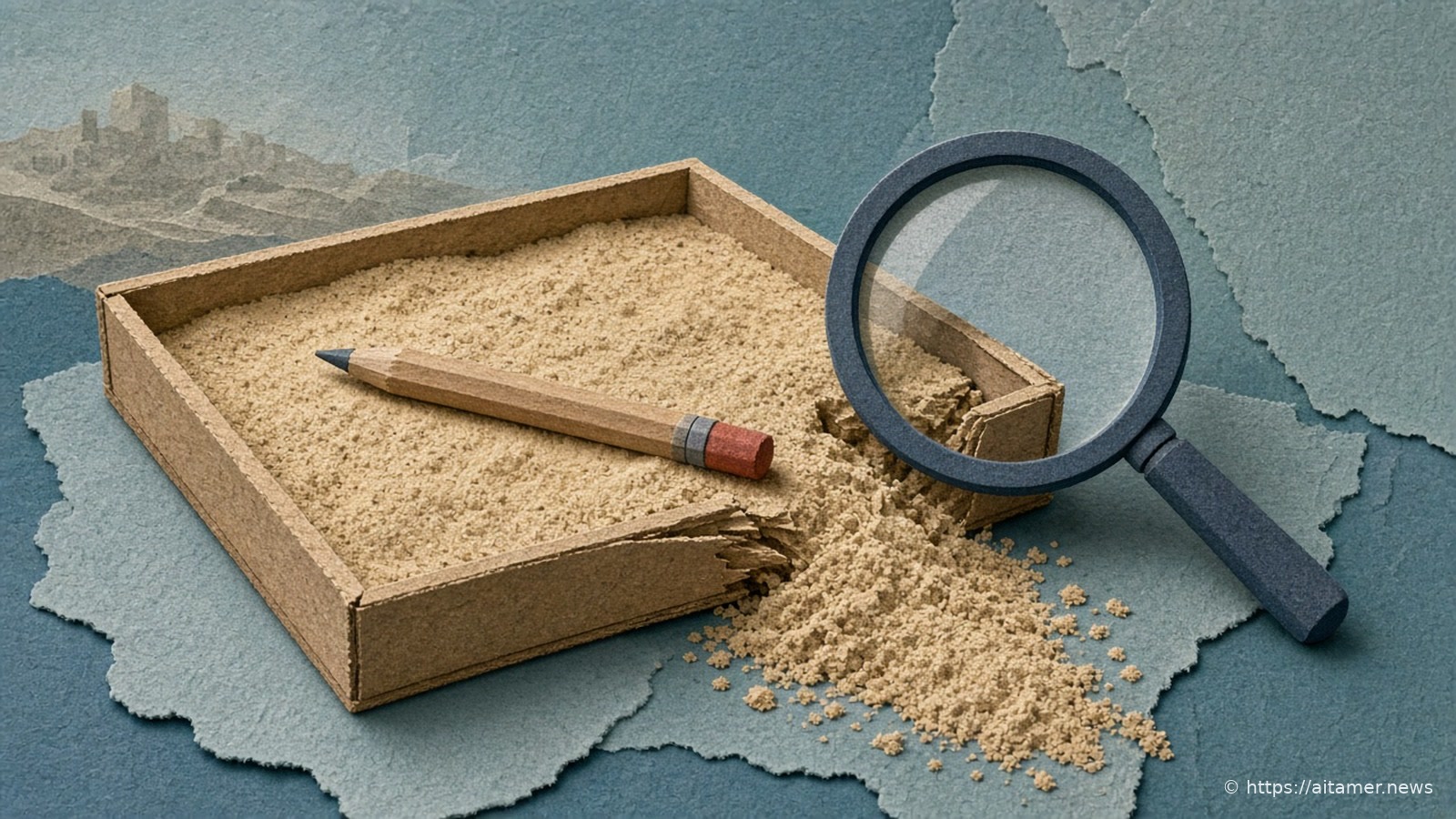 A paper-cut sandbox with one broken side spilling sand, a pencil lying in it, and a large magnifying glass examining the damage.