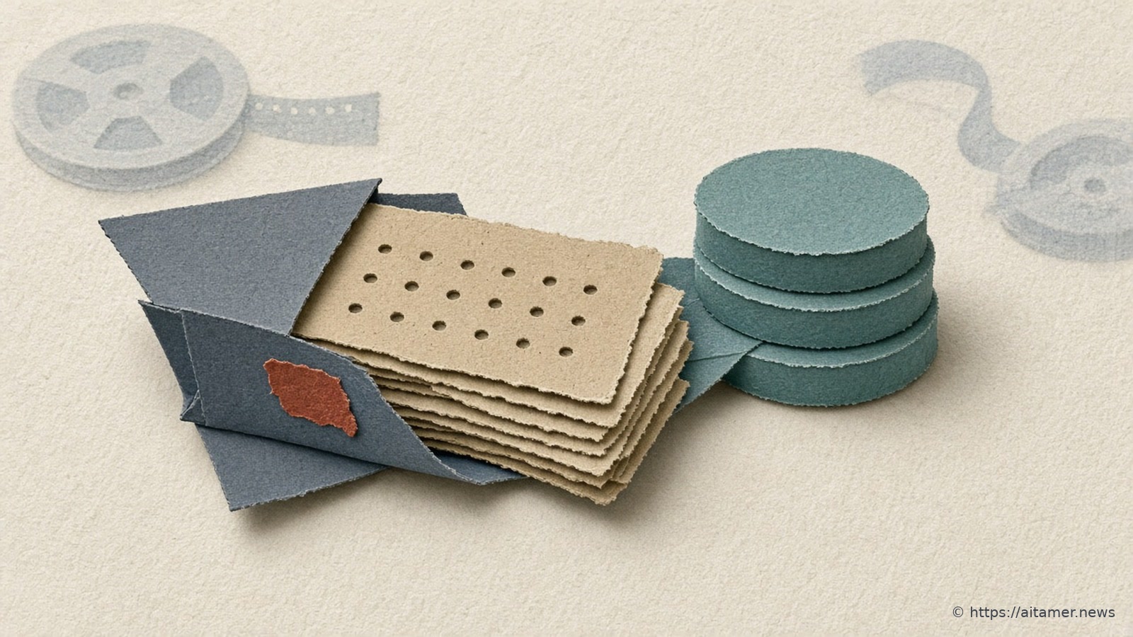 A stack of sand paper cards with rows of punched holes rests in a folded slate-blue paper holder with a rust-red patch, beside three stacked teal paper discs, with faint grey paper tape reels in the background.