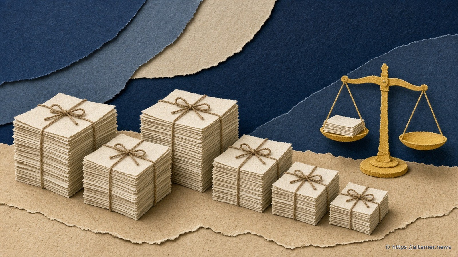 Paper-cut cream manuscript bundles on sand paper with a yellow balance scale holding one small stack, navy torn layers behind.