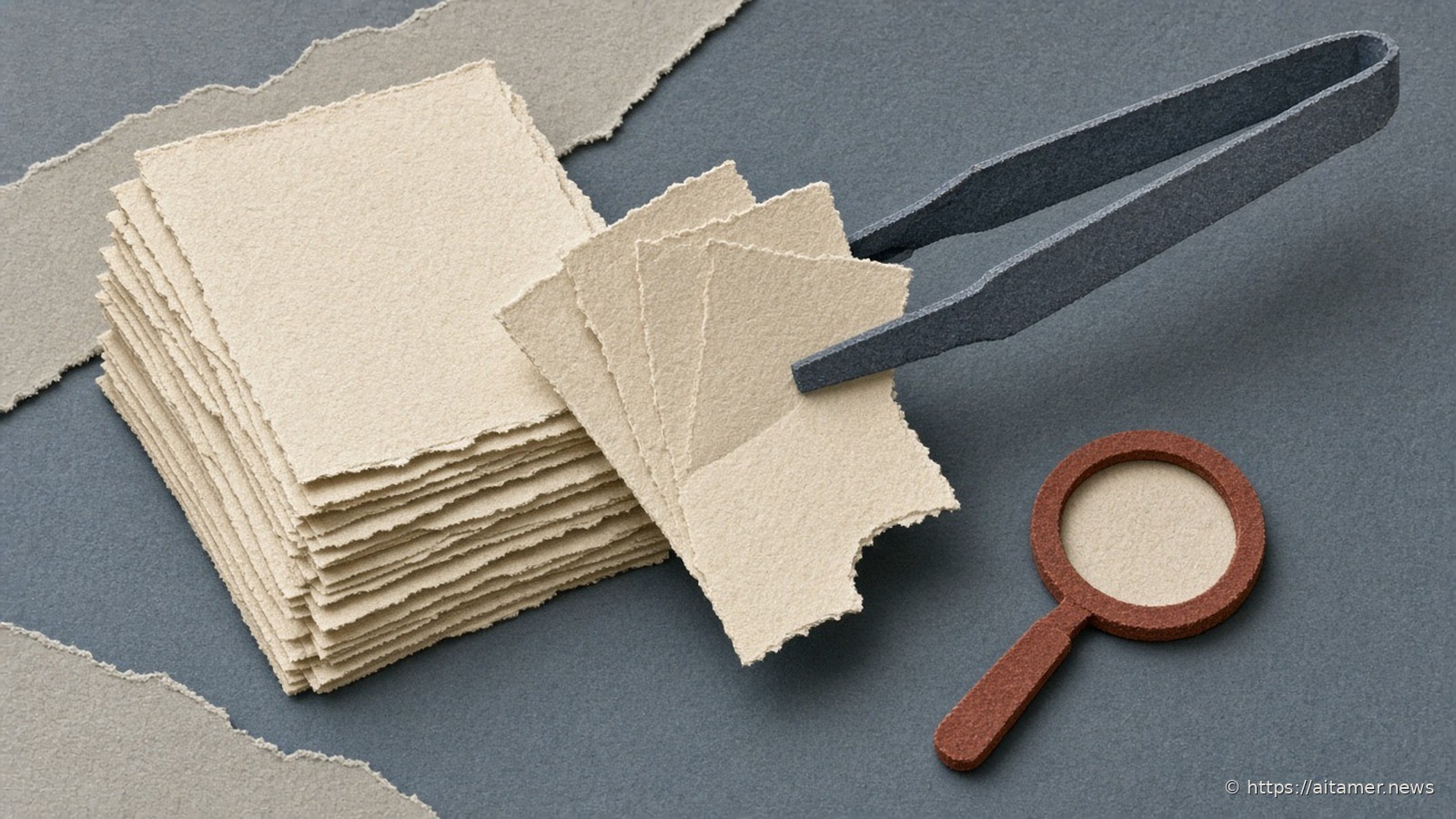 Paper-cut illustration of a neat stack of cream manuscripts with slate-blue tongs lifting three sheets aside, one notched, beside a rust magnifying glass on a dusty blue background.