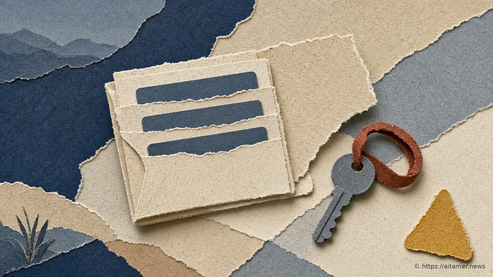 A cream paper envelope holding three slate report slips, a slate key on a coral ring, and a small yellow triangle on navy and sand layers.
