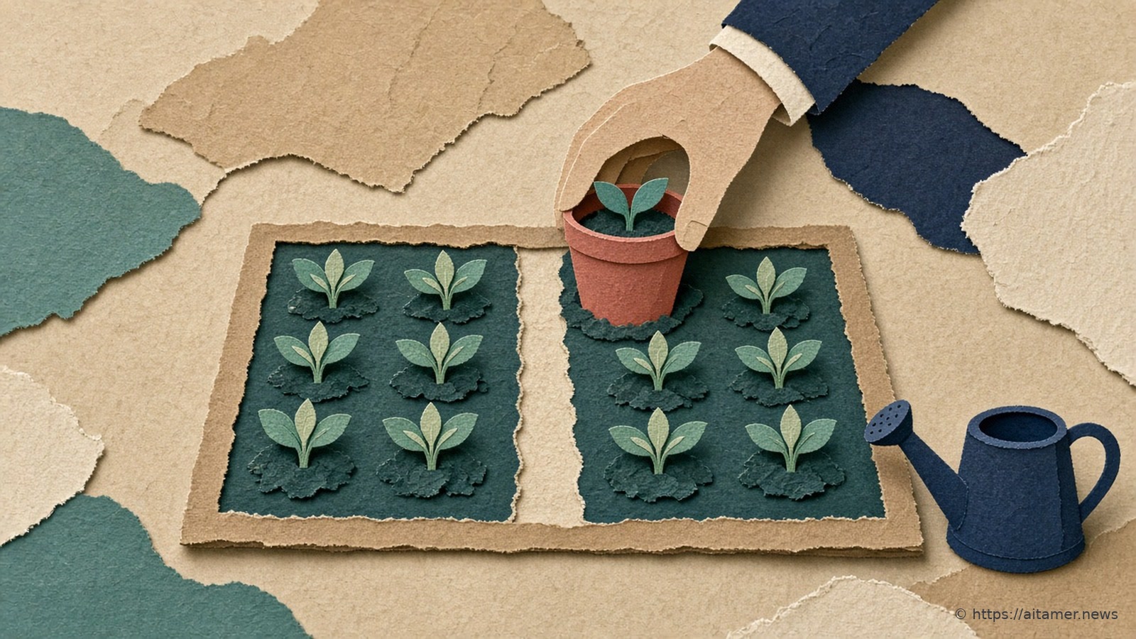 Paper-cut illustration of a hand planting a new potted seedling into an empty row of a garden bed, a watering can at the edge.