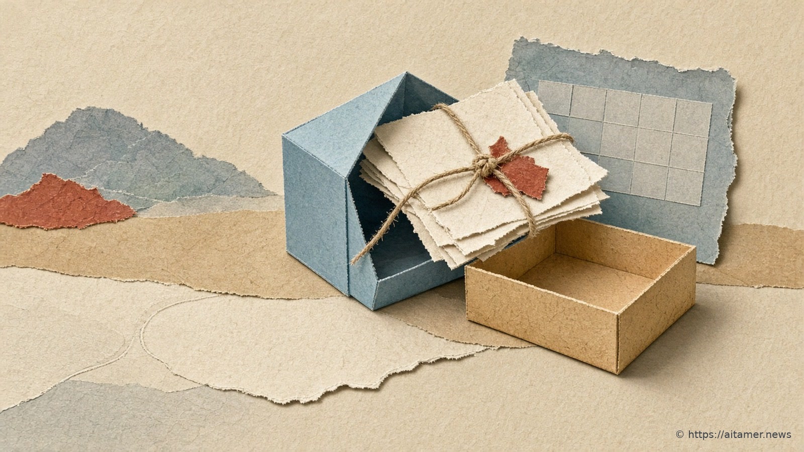 A string-tied stack of manuscript pages is lifted out of a pale blue prism-shaped paper building toward a sturdy box.