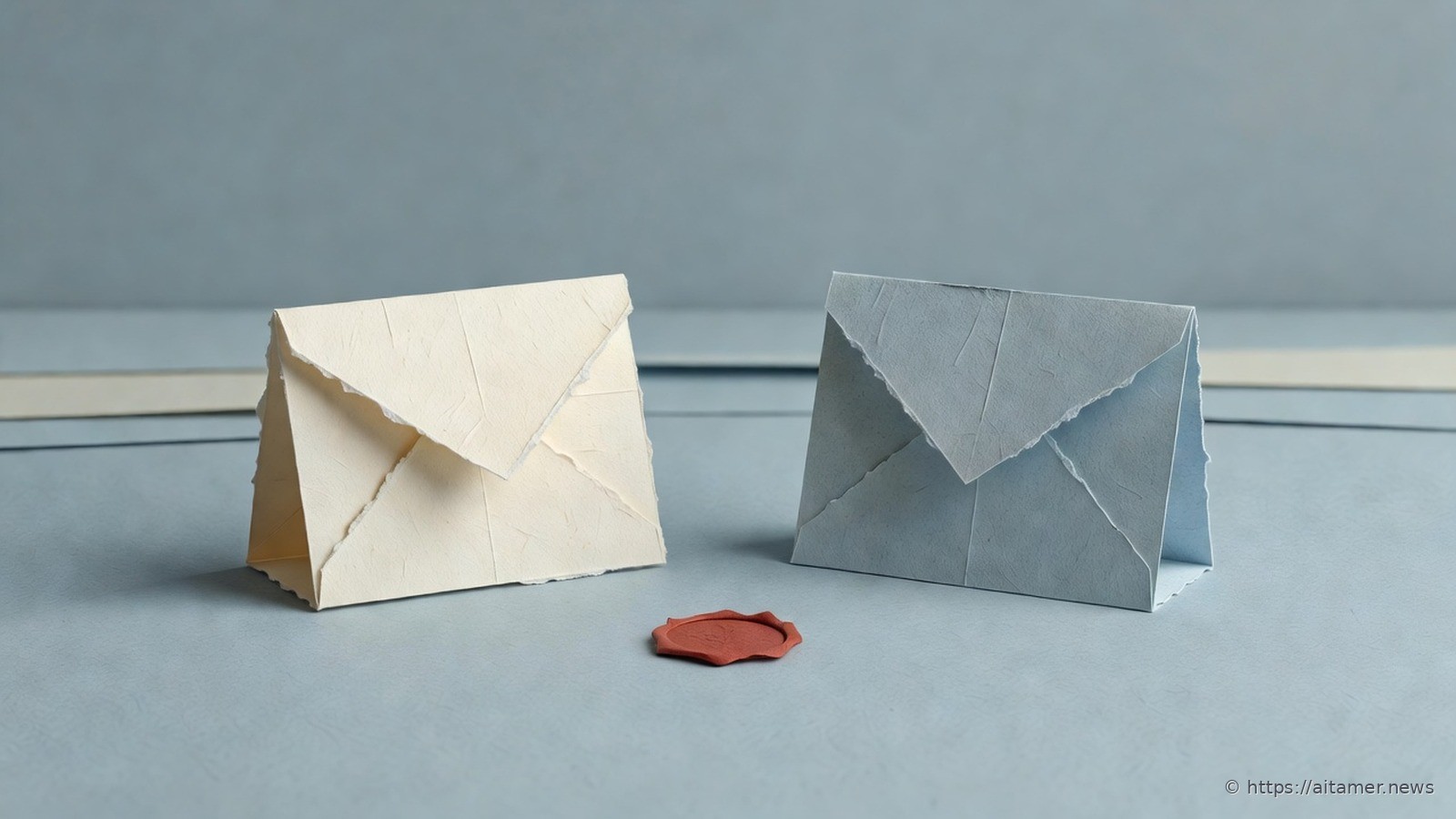 Two paper envelopes of equal size, one cream and one pale blue, stand facing each other on a slate-blue table, with an unbroken rust-red wax seal on the table between them.