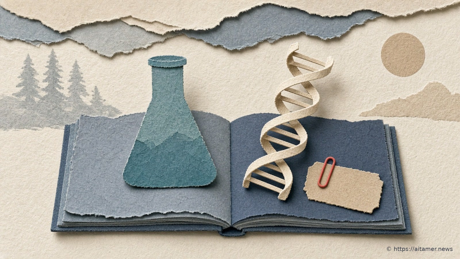 An open slate-blue paper book holding a teal flask, a cream DNA helix, and a sand tag with a coral clip, with pines and a sun behind.