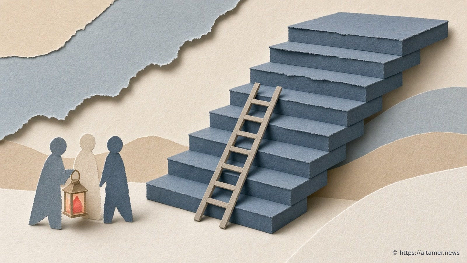 A paper-cut collage of a steep staircase with a ladder laid across it as a shortcut, while small paper figures at its base inspect the ladder by lantern light.