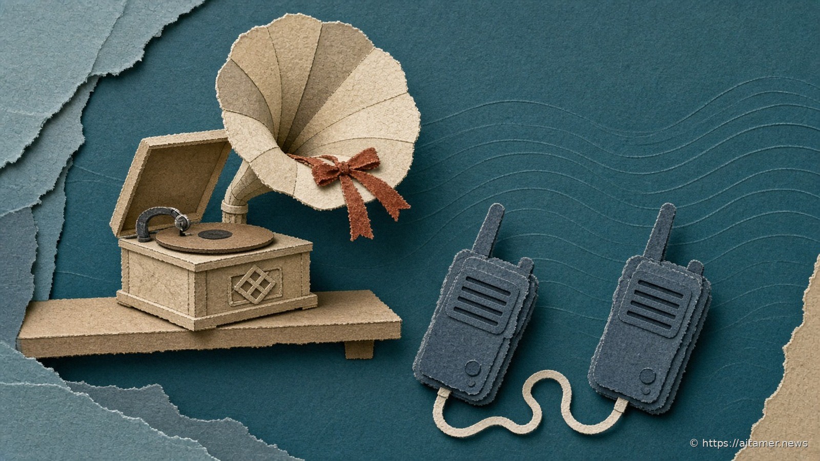 Paper-cut cream gramophone on a shelf with a rust ribbon on its horn, and two slate walkie-talkies joined by one cream cord.
