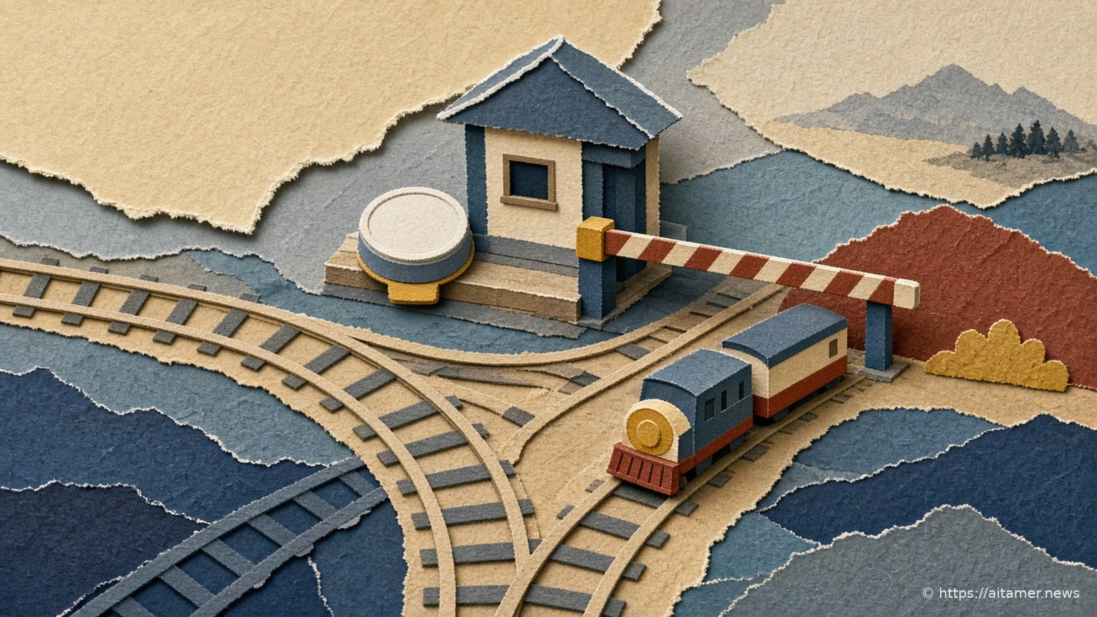 Paper-cut illustration of several railway tracks merging at a gatehouse with a lowered barrier, a small train waiting and a stamp on the ledge.